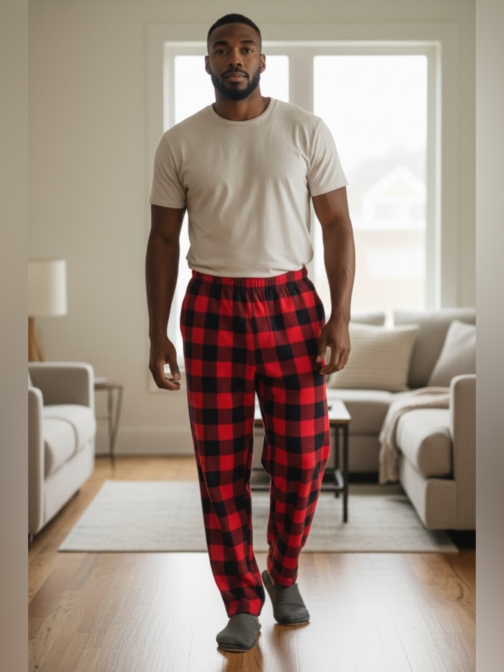 Men's Red and Black Plaid Fleece Pants- Relaxed Fit